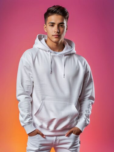 Stylish Young Man in White Hoodie on Vibrant Background