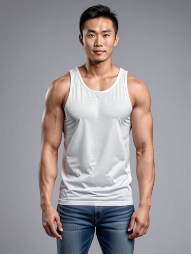 Confident East Asian Man in White Tank Top Mockup