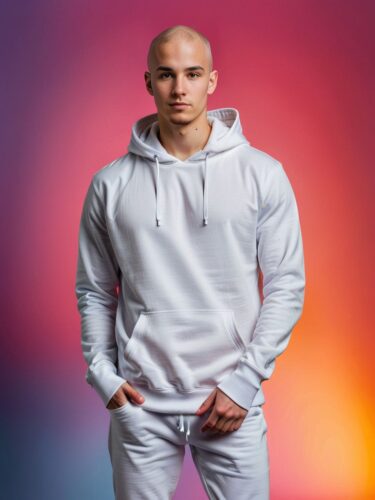 Athletic Young Man in White Hoodie Against Colorful Gradient