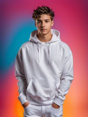 Strong Young Man in White Hoodie on Colorful Background