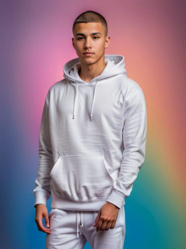 Young Man in White Hoodie Against Colorful Gradient