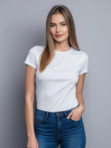 Elegant Young Woman in White T-Shirt – Shirt Model Mockup