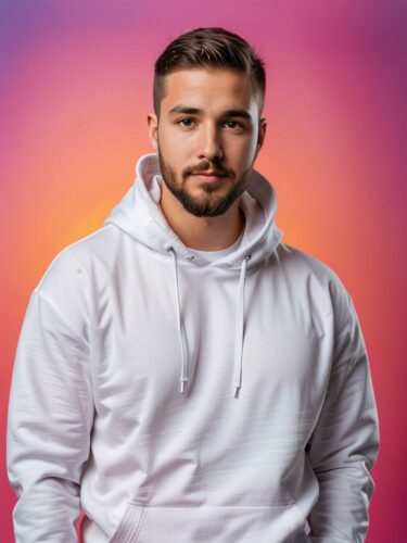 Stylish Young Man in White Hoodie on Colorful Background