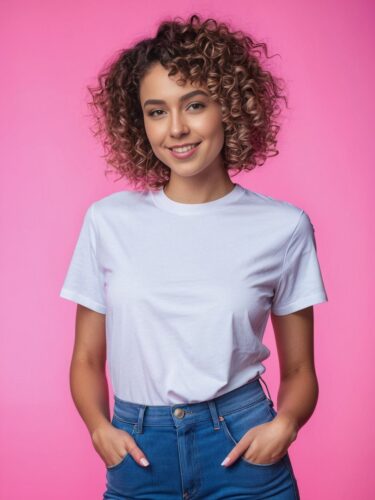 Stylish Young Woman in White T-Shirt on Pink Gradient Background