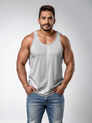 South American Man in White Tank Top Mockup on Light Gray Background