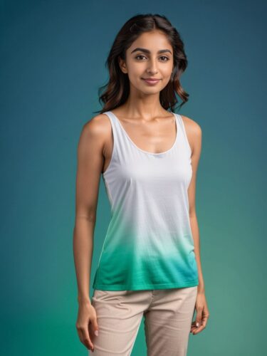 Elegant Middle Eastern Woman Presenting White Tank Top Mockup on Gradient Background