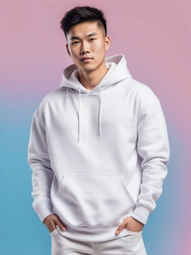 Asian Man in White Hoodie model on Pastel Gradient Background