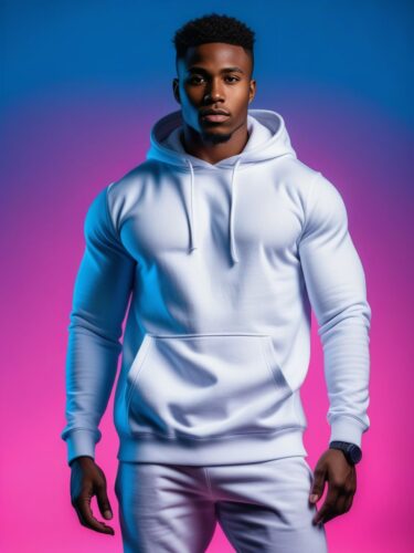 Young African Man in White Hoodie Mockup Against Vibrant Gradient Backdrop