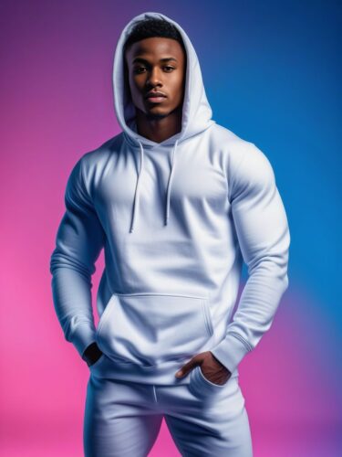 Young African Man in White Hoodie Mockup Against Vibrant Gradient Backdrop