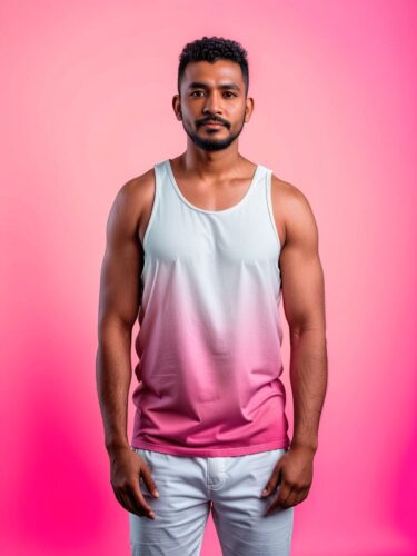 Confident Central American Man in White Tank Top Mockup on Pink Gradient