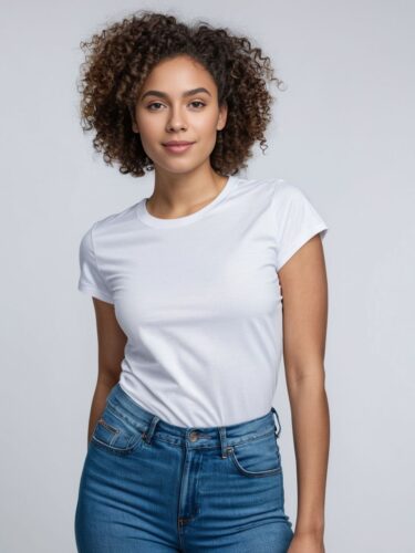 Confident Young Woman in White T-Shirt Mockup