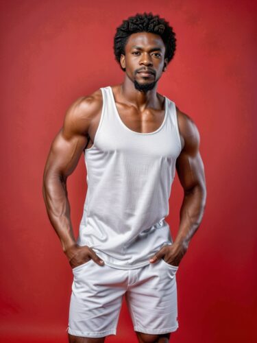 Muscular Man in White Tank Top Mockup Against Vibrant Red Background