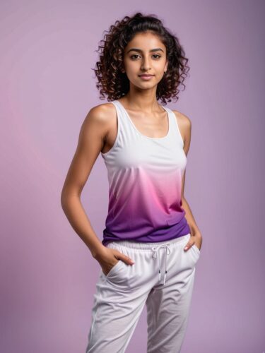 Empowered Middle Eastern Woman in White Tank Top on Gradient Background