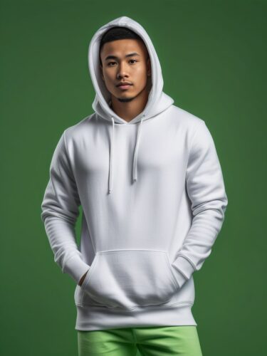 Eurasian Young Man in White Hoodie Mockup Against Green Gradient Background