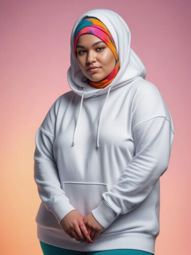 Empowering Diversity: Confident Plus-sized Woman in Vibrant Headscarf and White Hoodie