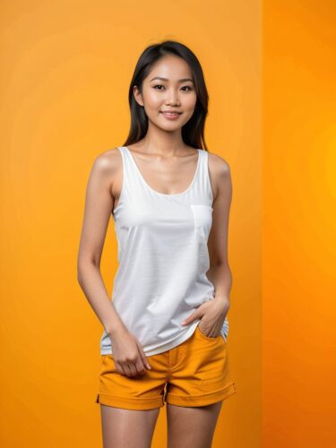 Stylish Asian Woman in White Tank Top Mockup on Vibrant Gradient Background