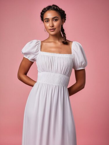 Elegant White Dress Apparel Model in Full-Body Portrait