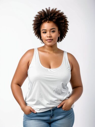 Confident Plus-sized African Woman in White Tank Top Mockup