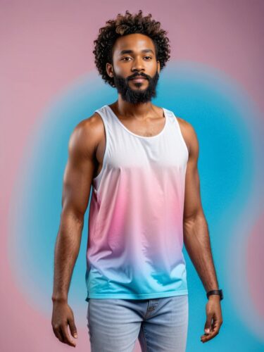 Confident African Man in White Tank Top Mockup on Pink-Blue Gradient Background