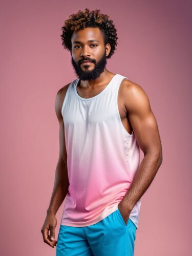 Confident African Man in White Tank Top Mockup on Pink to Blue Gradient
