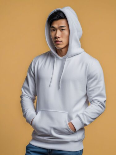 Young Man in White Hoodie Mockup on Pastel Yellow Background