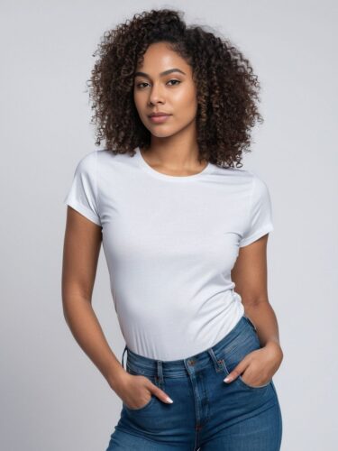 Serene Young Woman in White T-Shirt Apparel Mockup