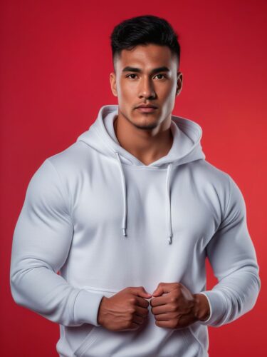 Young Maori Man in White Hoodie Mockup on Red Background