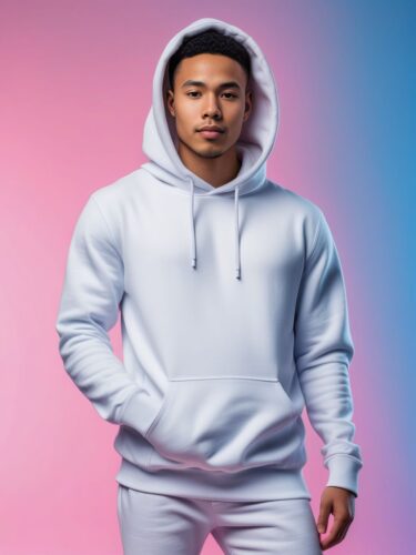 Young Man in White Hoodie Mockup Against Soft Gradient