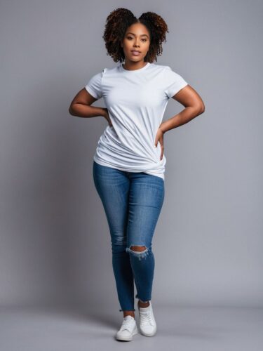 Young Woman in White T-Shirt Mockup on Gray Background