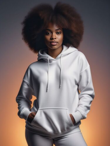Beautiful African American Woman with Intricate Afro in White Hoodie