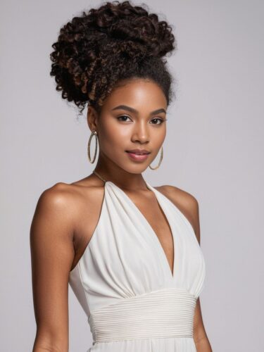 Elegant White Dress Apparel Model with Twist Out Hairstyle
