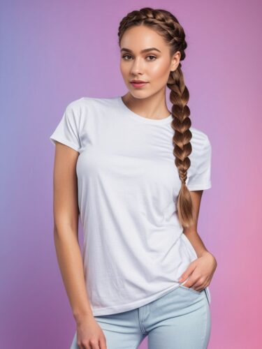 Stylish White T-Shirt Apparel model Featuring a Young Woman with Elaborate Braid