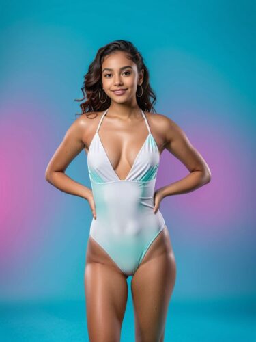 Vibrant Latina Woman in White Swimsuit Mockup on Cyan and Magenta Gradient Background
