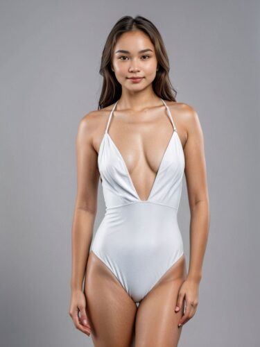 Siberian Woman in White Swimsuit Mockup on Gray Background