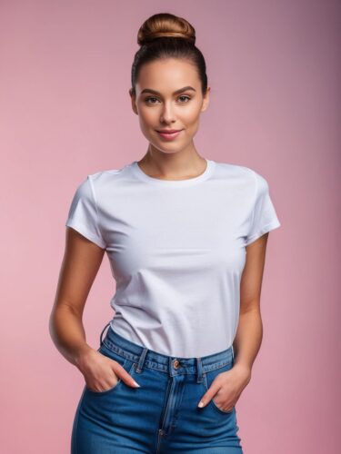 Elegant White T-Shirt Mockup Featuring a Stylish Woman