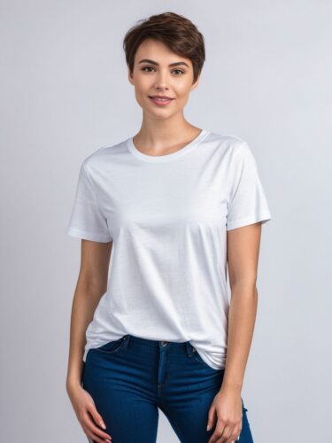 Stylish Pixie Cut Fashion Model in White T-Shirt