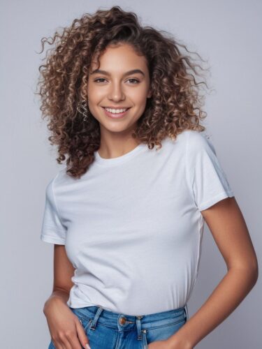 Playful Curls: Young Woman in White T-Shirt