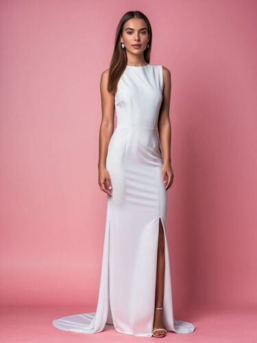 Professional White Dress Mockup: Elegant Young Woman in Minimal Pose