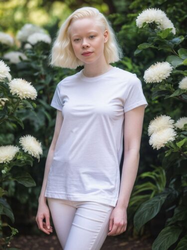 Beautiful Young Woman with Albinism in White T-Shirt