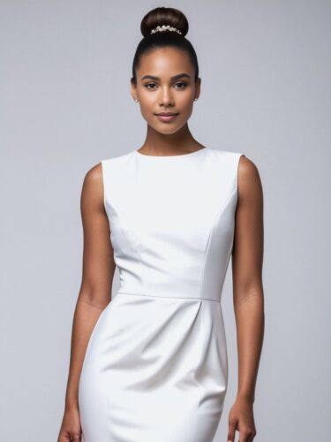 Professional White Dress Mockup – Young Woman in Chignon Hairstyle