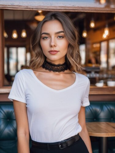 Stylish Young Woman in White T-Shirt at Cozy Café