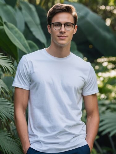 Stylish Young Man in White T-Shirt at Botanical Garden