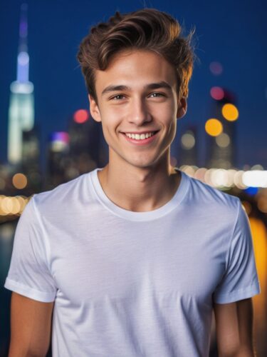 Young Man in White T-Shirt Against Night Cityscape