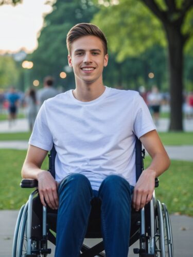 Young Man in Wheelchair in City Park
