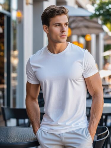 Reflective Young Man in White T-Shirt at Outdoor Café