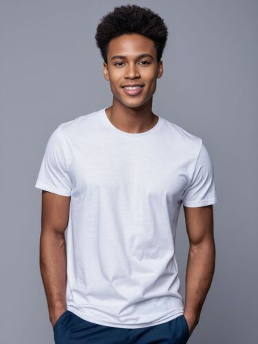 Young Man in White T-Shirt on Gray Background