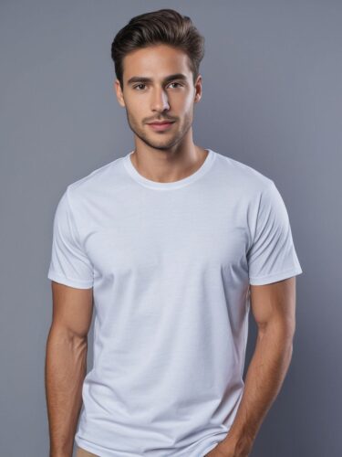 Young Man in White T-Shirt on Gray Background