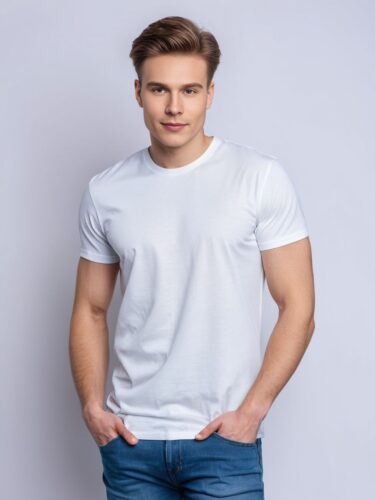 Young Man in White T-Shirt on Gradient Background