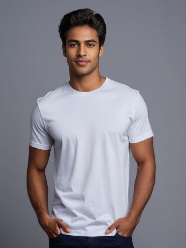 Young Man in White T-Shirt on Gray Backdrop