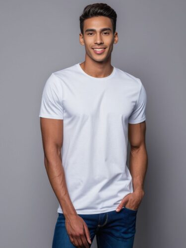 Stylish White T-Shirt Mockup on Mocha Skin Model